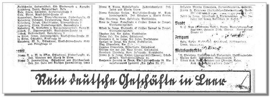 Einer Beilage der ostfriesischen Tageszeitung vom 20. Juli 1935 ist dieser Ausschnitt entnommen. Unter dem Motto "Rein deutsche Geschfte in Leer" werden unter dem Druck der Nationalsozialisten die jdischen Geschfte in Ostfriesland aufgefhrt, unten rechts auch die Familien aus Westrhauderfehn.