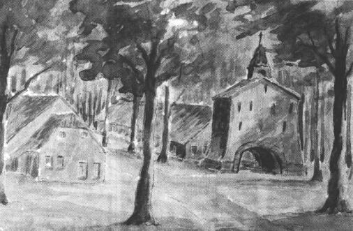 Das ehemalige Kloster Langholt, wie es Hermann Freede nach berlieferten Erzhlungen gemalt hat. Dort, wo heute ein Supermarkt steht, war frher viel Wald. Hier erbauten die Johanniter ihr Kloster am Langholter Tief.