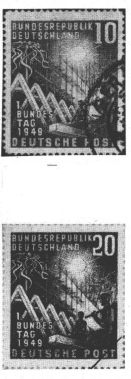Die erste Sondermarke der Deutschen Bundespost zu 10 und 20 Pfennig. Der Anla war die konstituierende Sitzung des 1. Bundestags.