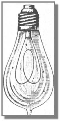 Eine Kohlenfadenlampe in Birnenform. Es wurde mit einem "Stromverbrauch von nur drei Watt" in Zeitungen und Magazinen geworben.