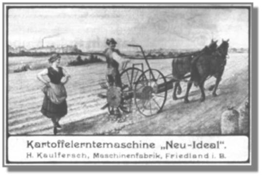Kartoffelerntemaschine "Neu-Ideal", Reklamekarte aus Bayern.