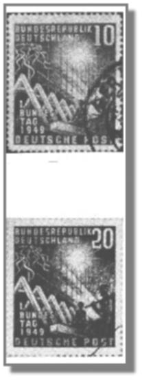 Die erste Sondermarke der Deutschen Bundespost zu 10 und 20 Pfennig. Der Anlaß war die konstituierende Sitzung des 1. Bundestags.